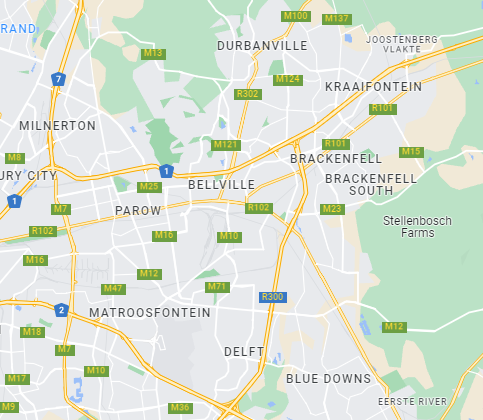 Map of the Cape Town suburbs Superior Skip delivers to, including Bellville, Durbanville and Brackenfell